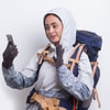 Hijab, Kaos, Jaket, Celana Panjang, dan Sepatu Hiking